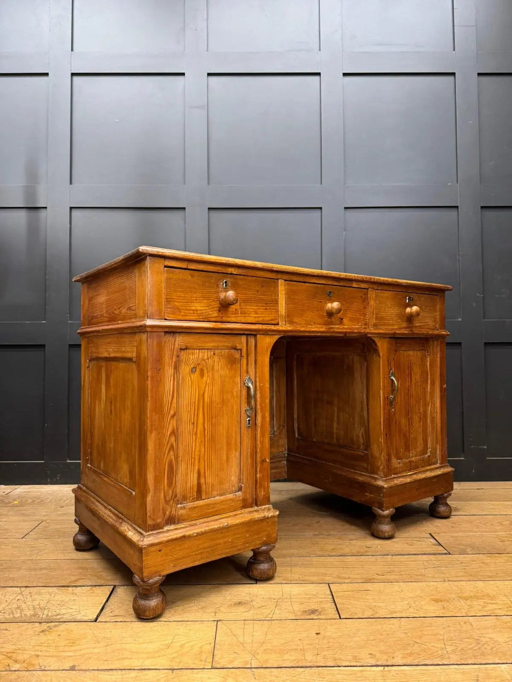 Antique Pine Pedestal Desk Dressing Table with Cupboards & Drawers