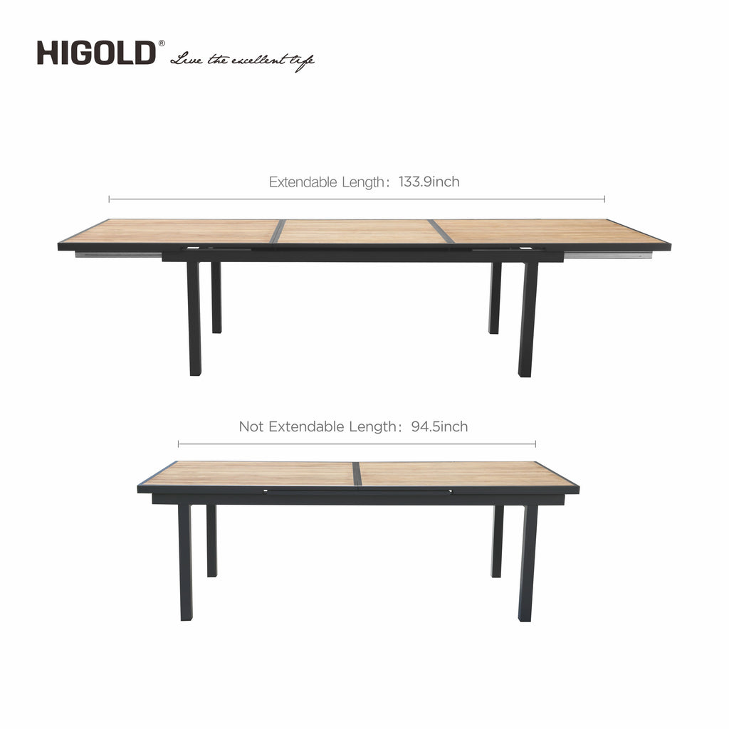 HIGOLD Heck 12+1 Pieces FSC Teak Aluminum Outdoor Dining Set for 12 Person, Extendable Table and Stackable Chair, Charcoal Black