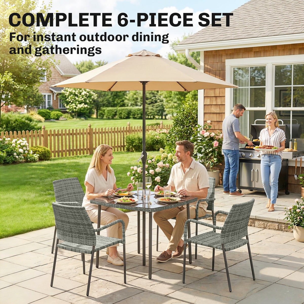 Outsunny 4 Seater Rattan Dining Set with Parasol, 6 Piece Garden Table and Stackable Chairs with Tempered Glass Tabletop - Light Grey