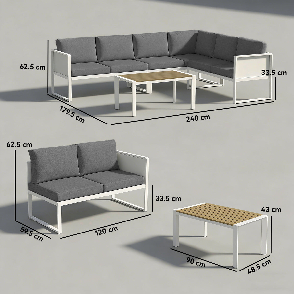 Outsunny 6 Seater Metal Garden Furniture Corner Sofa Set with 3 Loveseats, Faux Wood Table, Texteline Seat, Cushions, White
