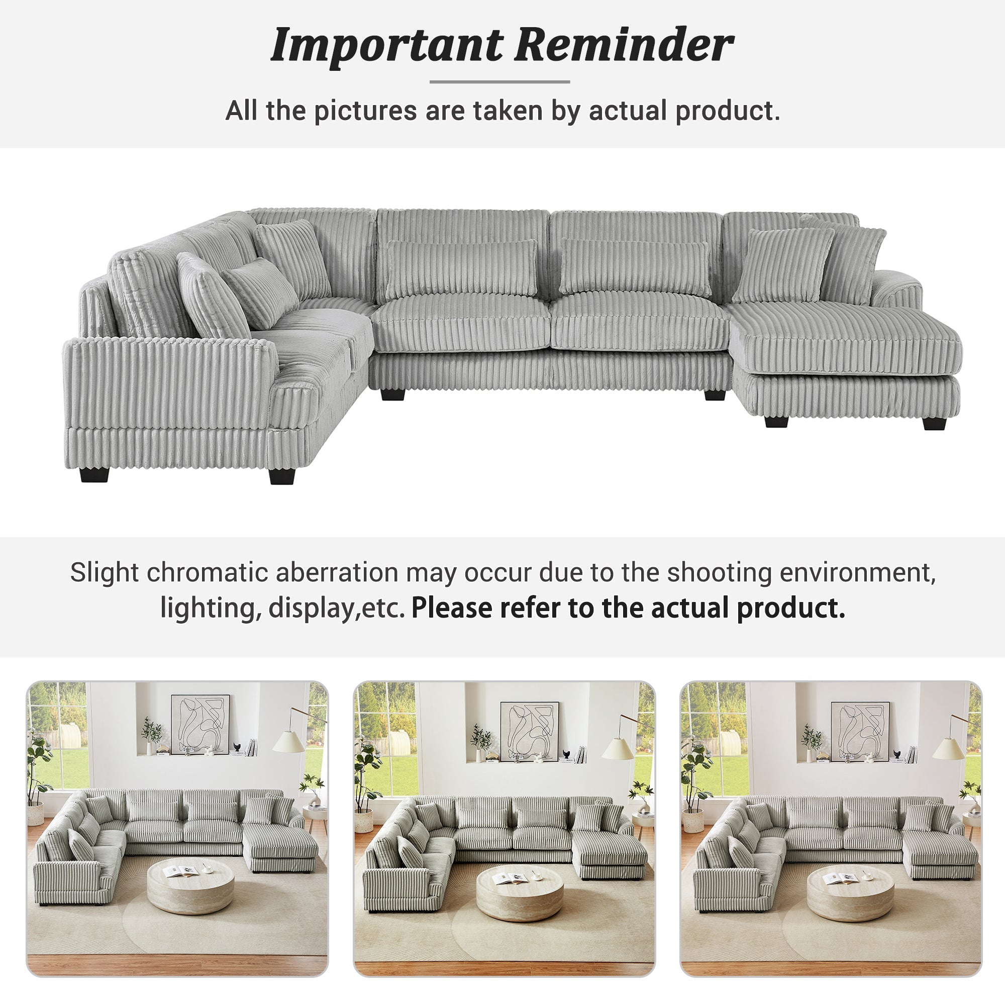 129" Oversized Sectional U-Shaped Sofa Couch Upholstered in Soft Corduroy