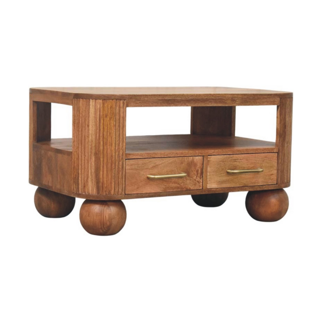 Artisan Furniture Solid Wood Briarwood Fluted Coffee Table, 2 Drawers, 1 Shelf, Beige