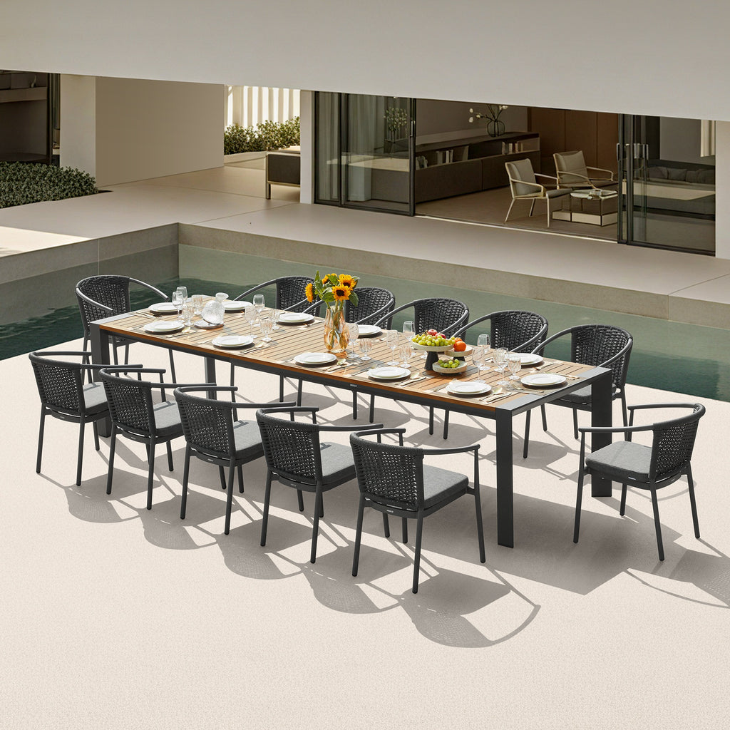 LUMEN 12 Person Teak Outdoor Dining Set With Three Version Extending Mode For 8/10/12 Seating