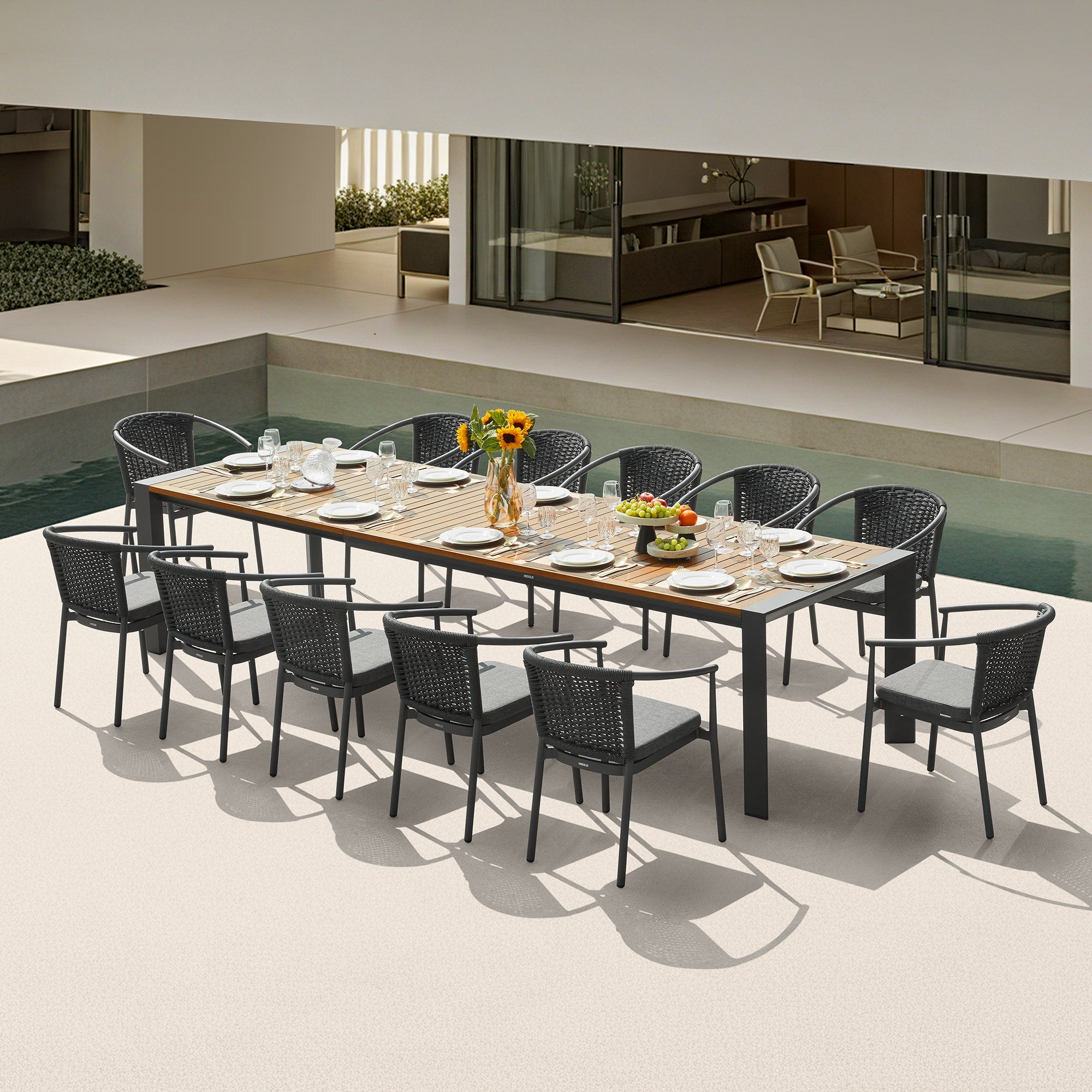 LUMEN 12 Person Teak Outdoor Dining Set With Three Version Extending Mode For 8/10/12 Seating