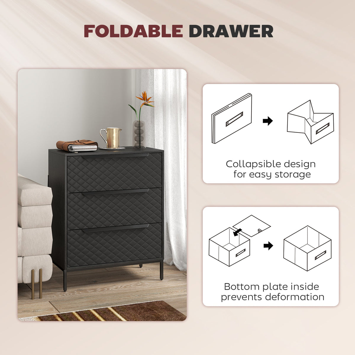 HOMCOM Chest of Drawers, Dresser with 3 Fabric Drawers and Aluminium Handles - Black