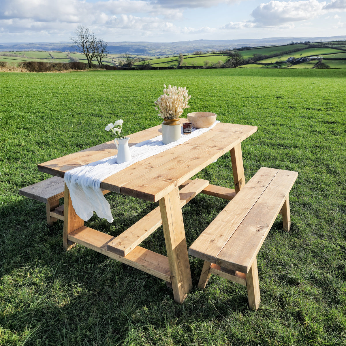 Farmhouse Outdoor Table With Timber Legs and Bench