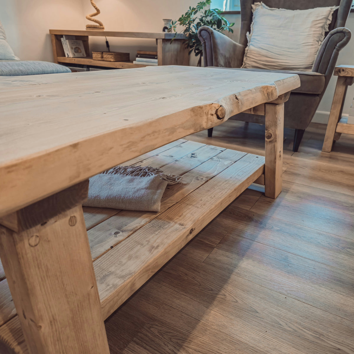 Cara Live Edge Rustic Wooden Coffee Table With Shelf