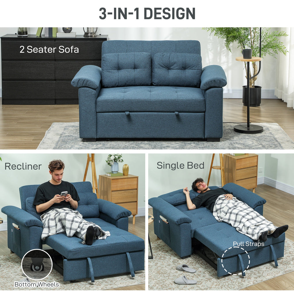 HOMCOM Pull Out Sofa Bed with 2 Pocket Springs, Fabric 2 Seater Click Clack Sofa Bed Settee, Convertible Sofa Couch with Pillows and Side Pockets for Living Room, Home Office, Blue