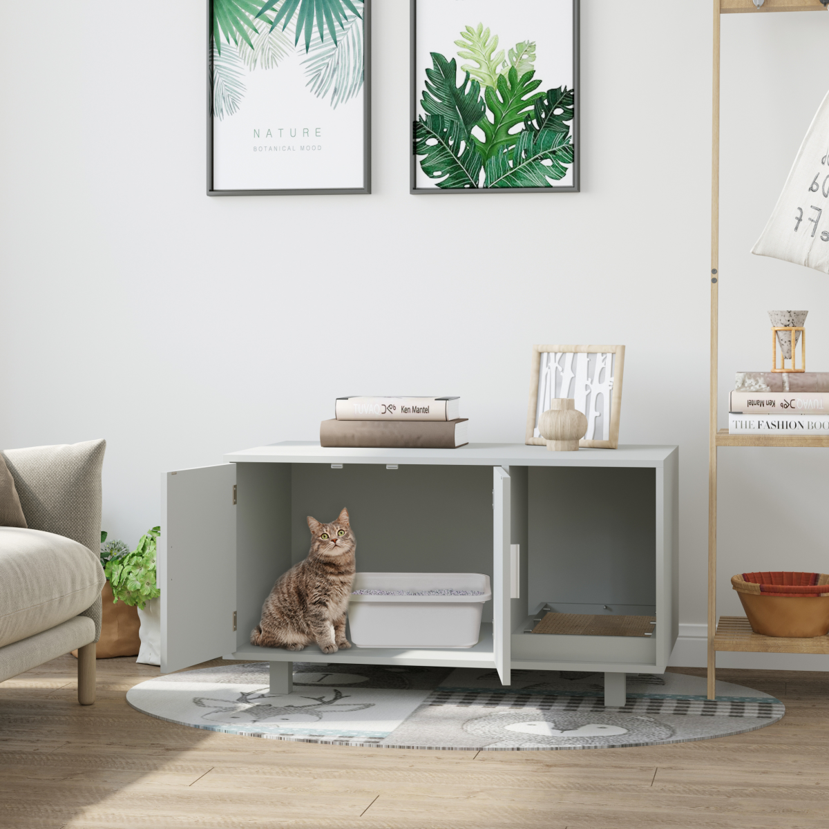 Indoor Feline Cat Box Furniture Kitty Table w/ Scratch & Magnetic Doors, Grey