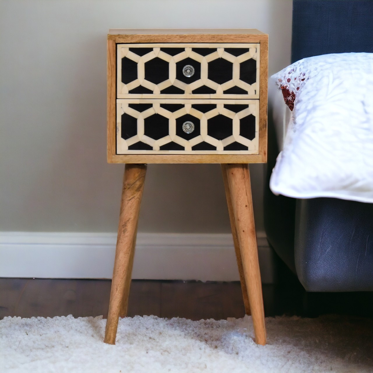 Artisan Furniture Solid Wood Mini Bone Inlay 2 Drawer Bedside