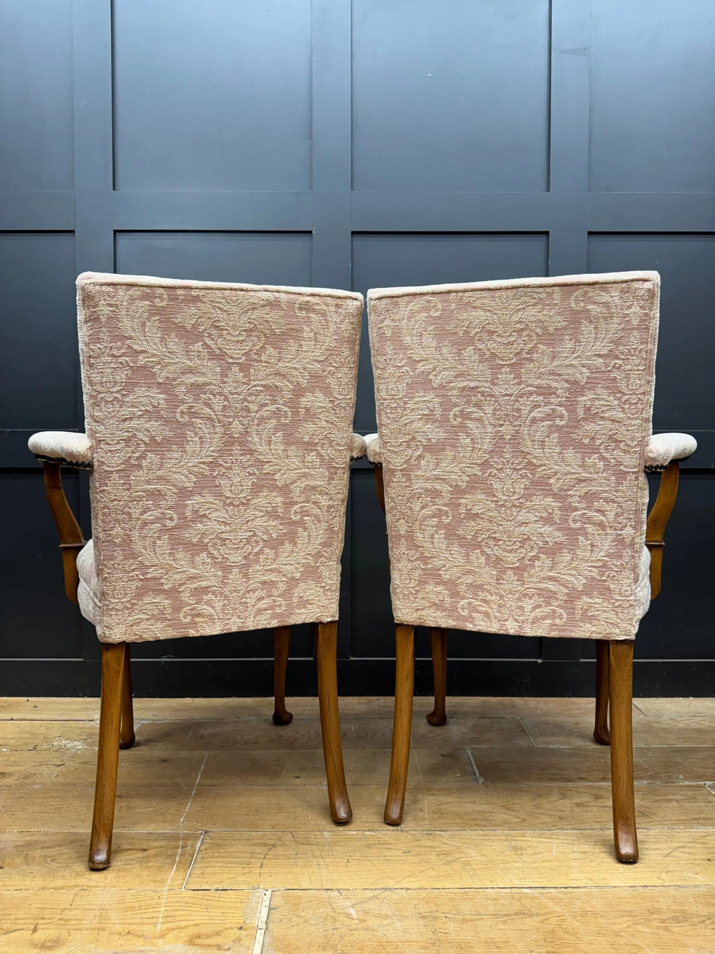 Pair Antique Pink Upholstered Bedroom Armchairs Chairs Mahogany Salon Seats