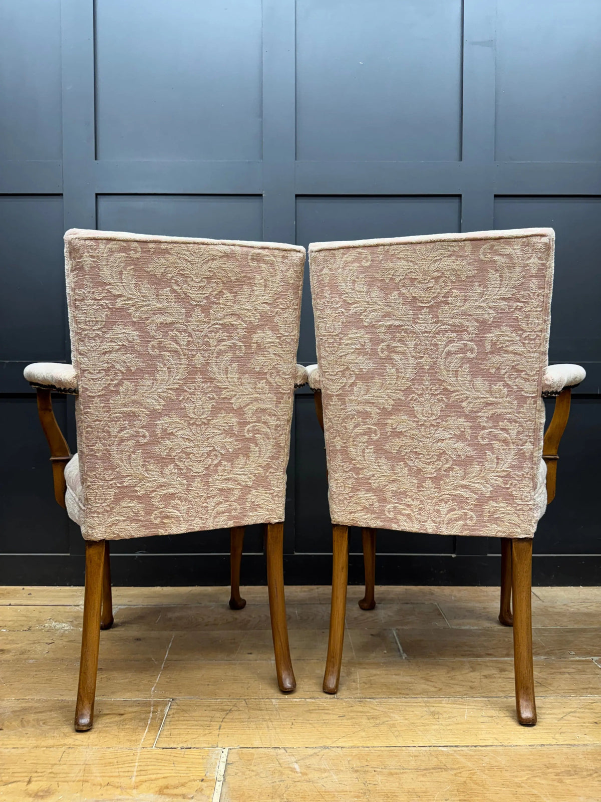 Pair Antique Pink Upholstered Bedroom Armchairs Chairs Mahogany Salon Seats