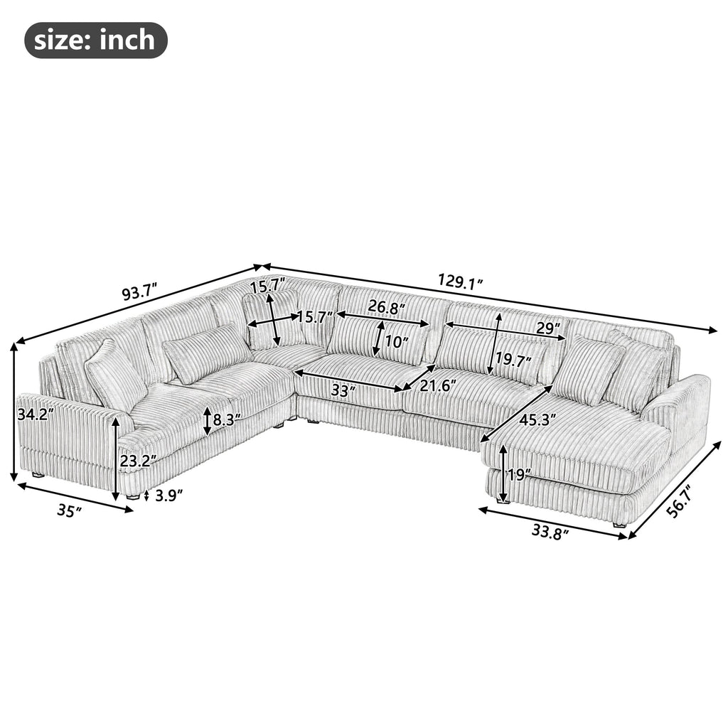 129" Oversized Sectional U-Shaped Sofa Couch Upholstered in Soft Corduroy
