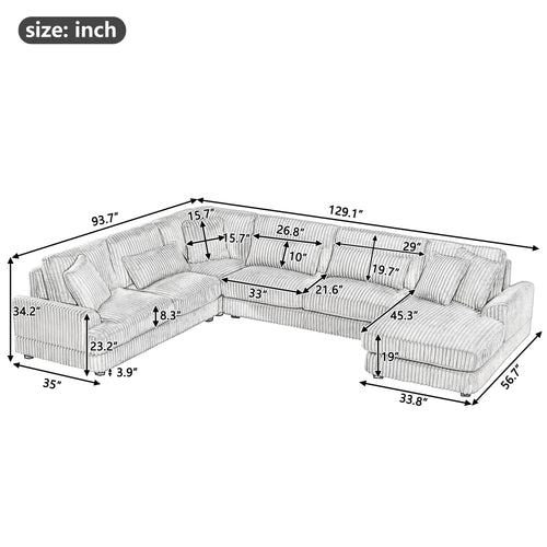 129" Oversized Sectional U-Shaped Sofa Couch Upholstered in Soft Corduroy