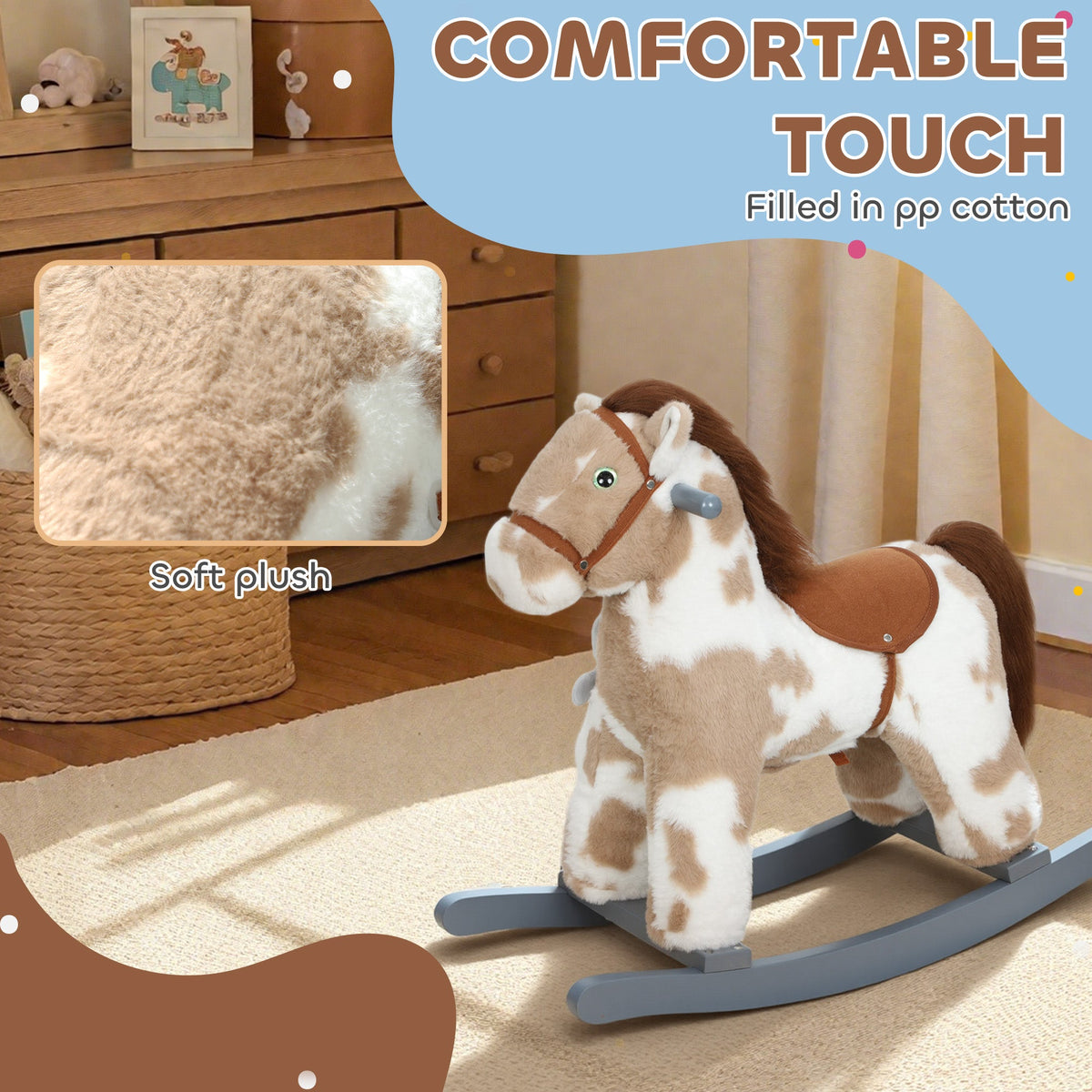 AIYAPLAY Baby Rocking Horse, Plush Animal Rocker with Realistic Sound and Toy, Rocking Toy Chair for Kids Aged 2-5, Brown