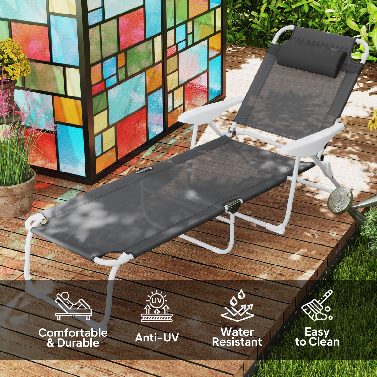 Outsunny Folding Sun Lounger with 4-Level Backrest & Headrest, Charcoal Grey