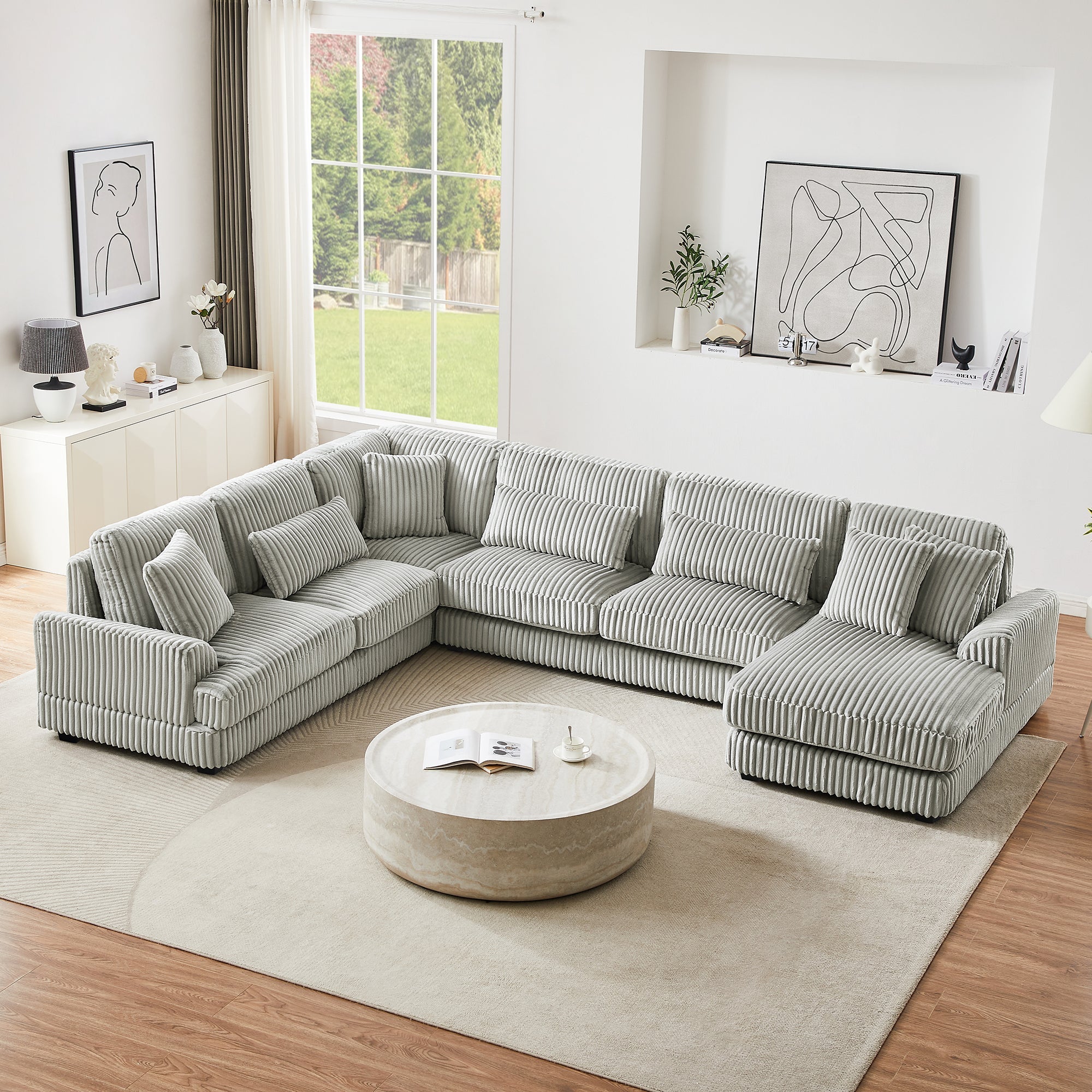 129" Oversized Sectional U-Shaped Sofa Couch Upholstered in Soft Corduroy