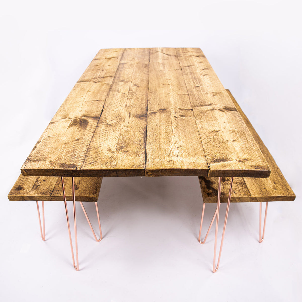 4-8 Seater dining Table Set - Rose Gold Steel Legs & Benches