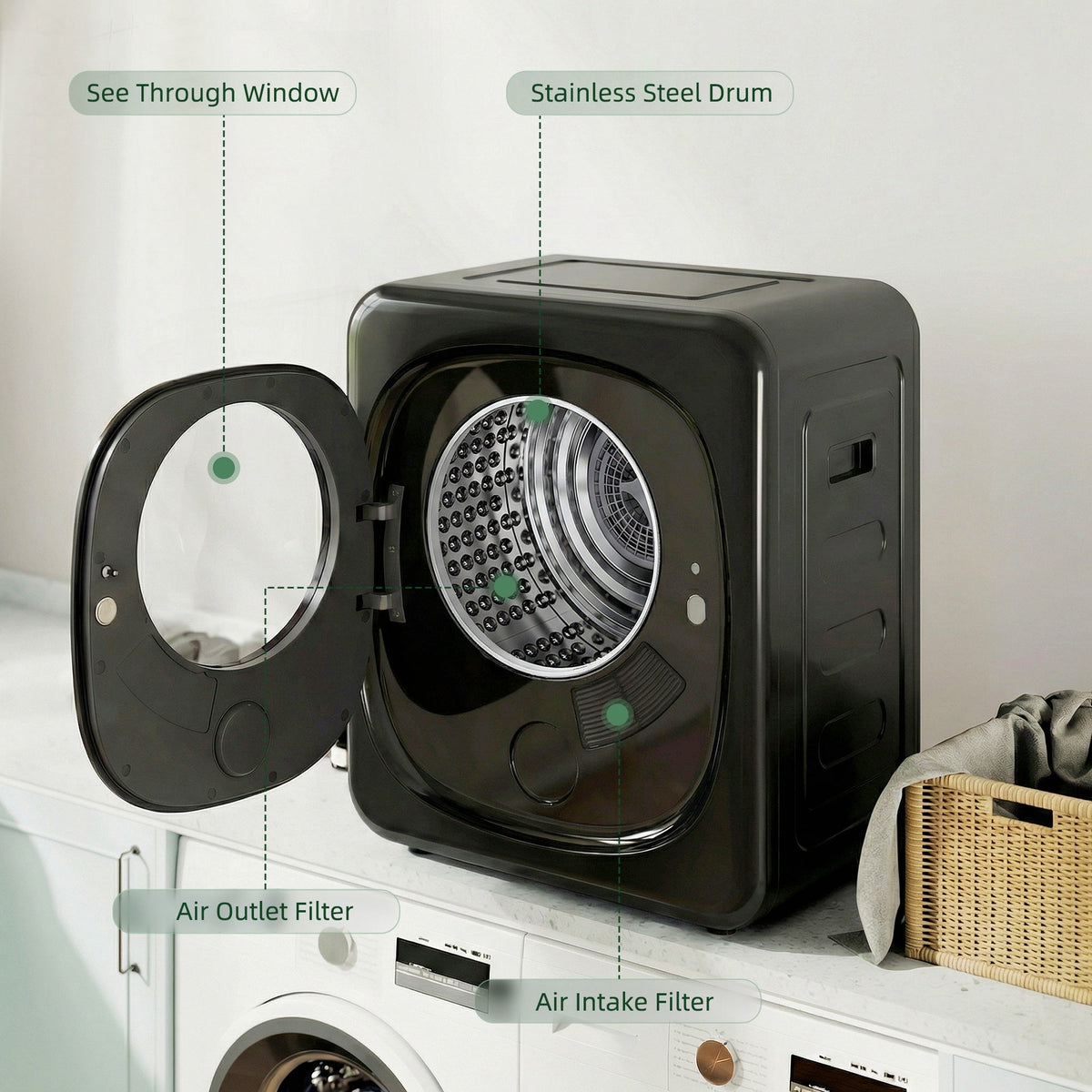 HOMCOM 4kg Vented Tumble Dryer with 5 Drying Mode, 800W Compact Freestanding Front Tumble Dryer Black