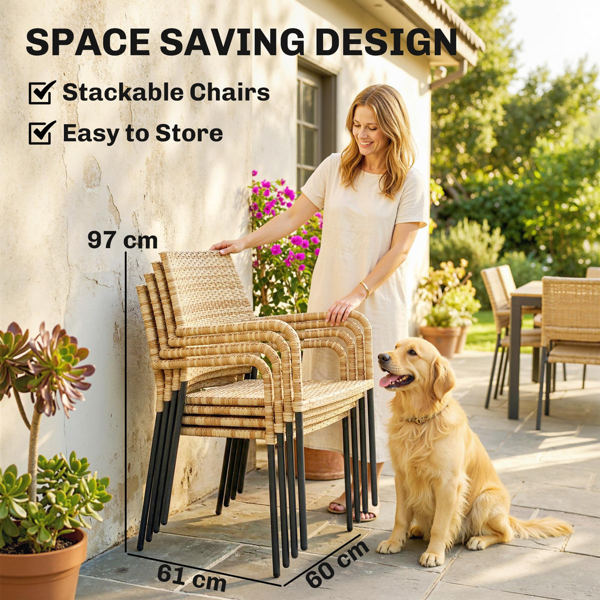 Outsunny 4 Seater Rattan Dining Set with Parasol, 6 Piece Garden Table and Stackable Chairs with Tempered Glass Tabletop - Brown