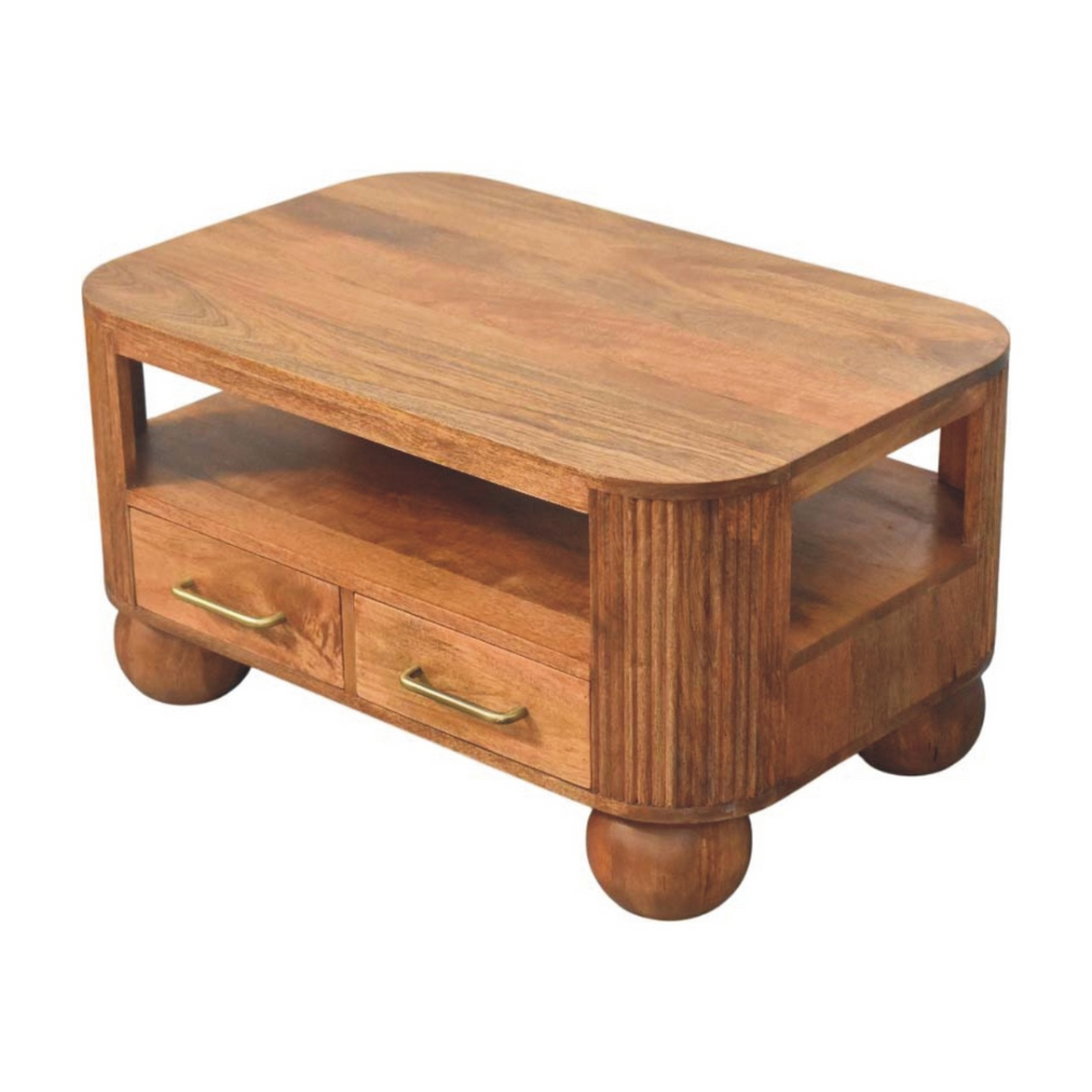 Artisan Furniture Solid Wood Briarwood Fluted Coffee Table, 2 Drawers, 1 Shelf, Beige