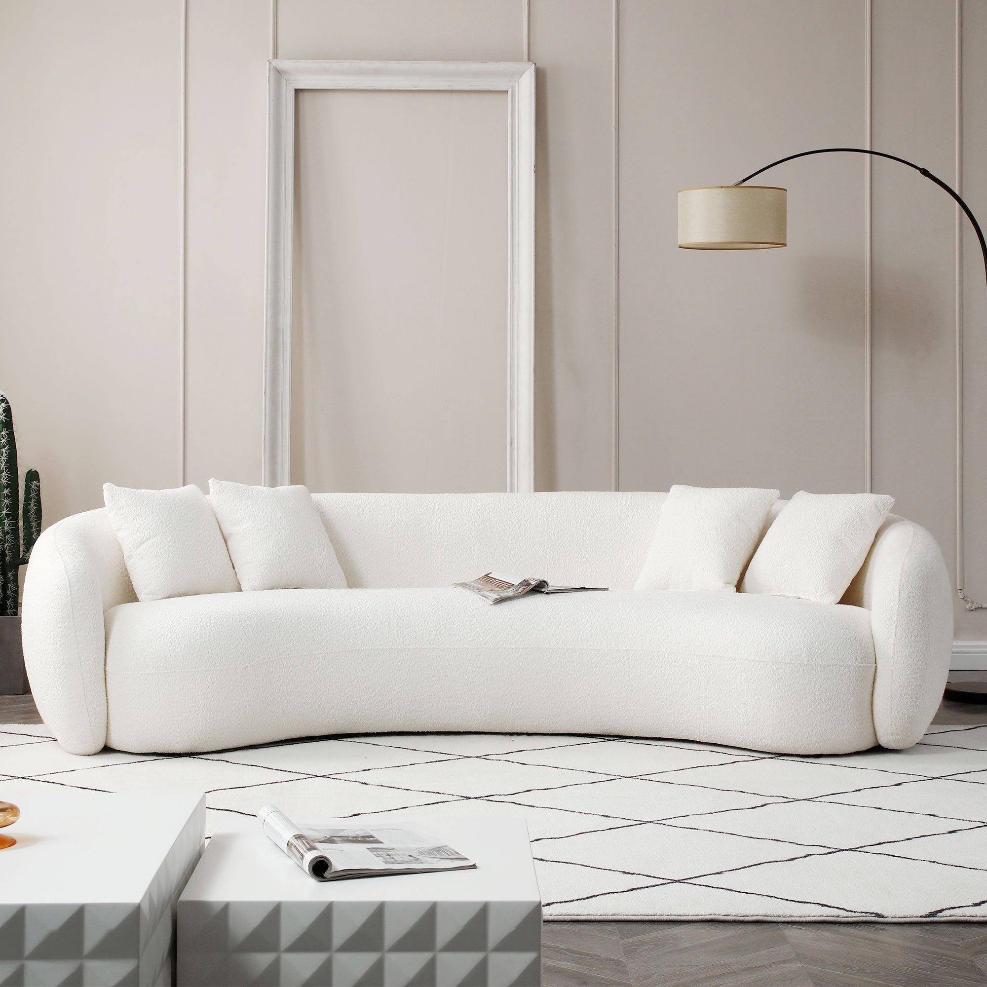 102'' 5-Seater Boucle Sofa Modern Sectional Half Moon Leisure Couch Teddy Fleece
