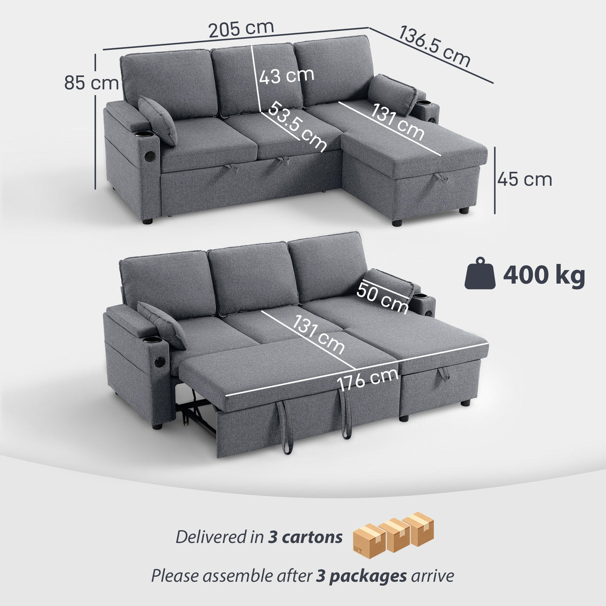 HOMCOM Corner Sofa Bed, L Shaped Sleeper Sectional Sofa with Reversible Storage Chaise, Grey