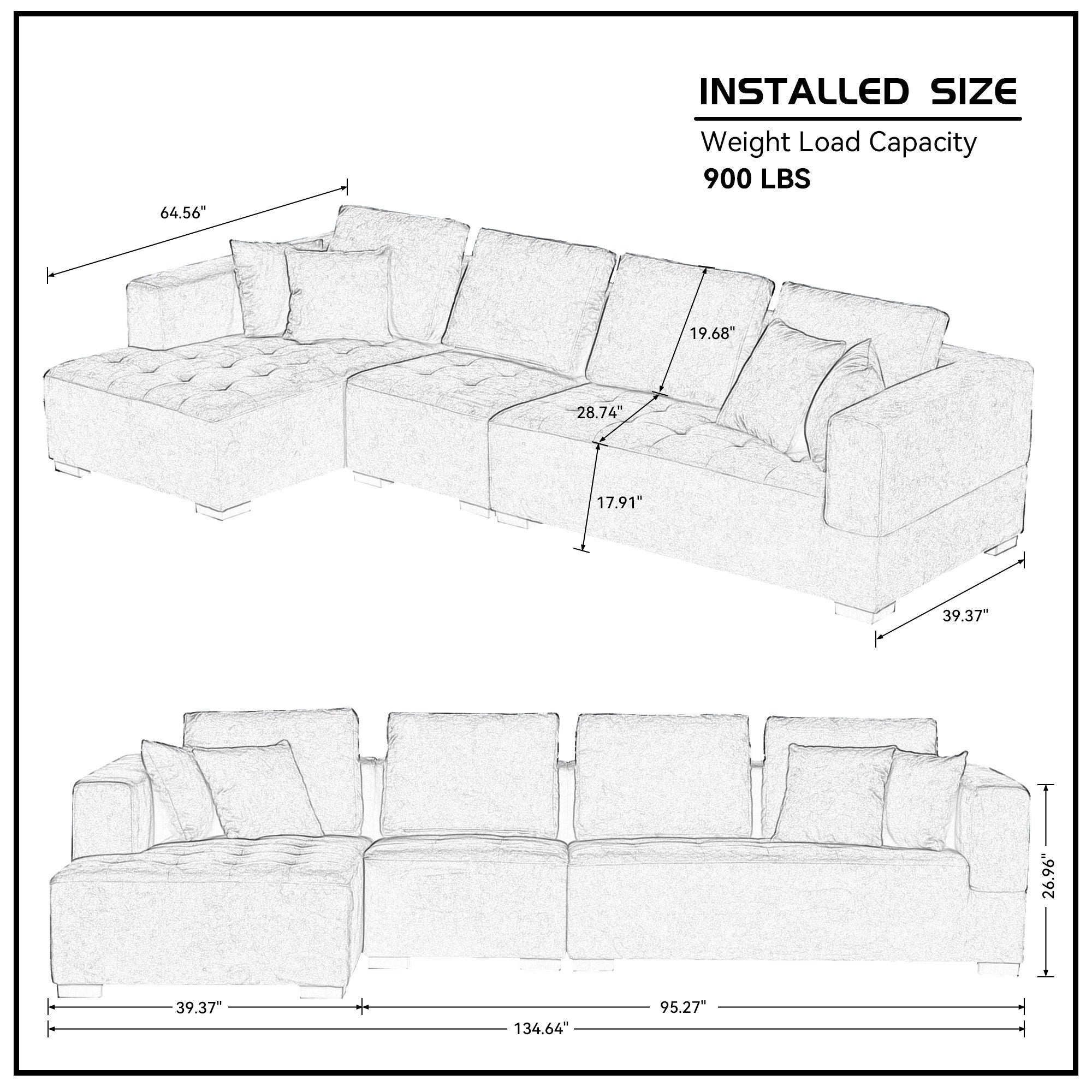 134'' Mid Century Modern Sofa With Left Chaise for Living Room Sofa, BLUE