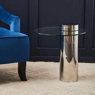 Clear Round Glass Top Side Table with Silver Metal Pedestal Base | Oria
