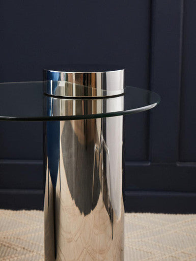Clear Round Glass Top Side Table with Silver Metal Pedestal Base | Oria