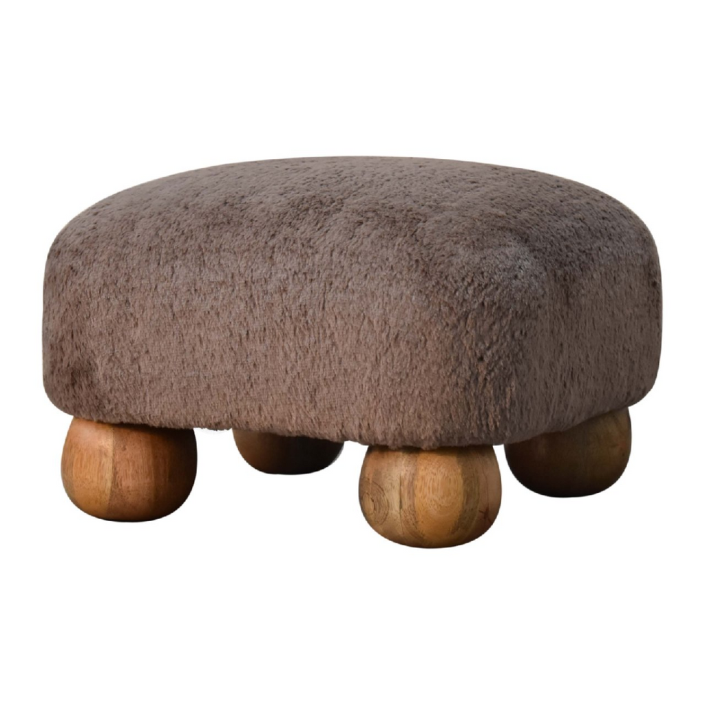 Artisan Furniture Solid Mango Wood Mocha Faux Fur Nordic Footstool