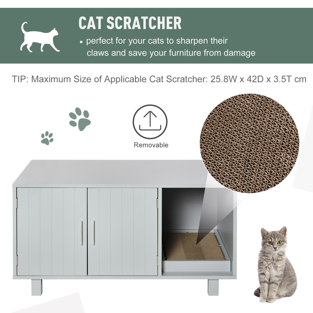 Indoor Feline Cat Box Furniture Kitty Table w/ Scratch & Magnetic Doors, Grey