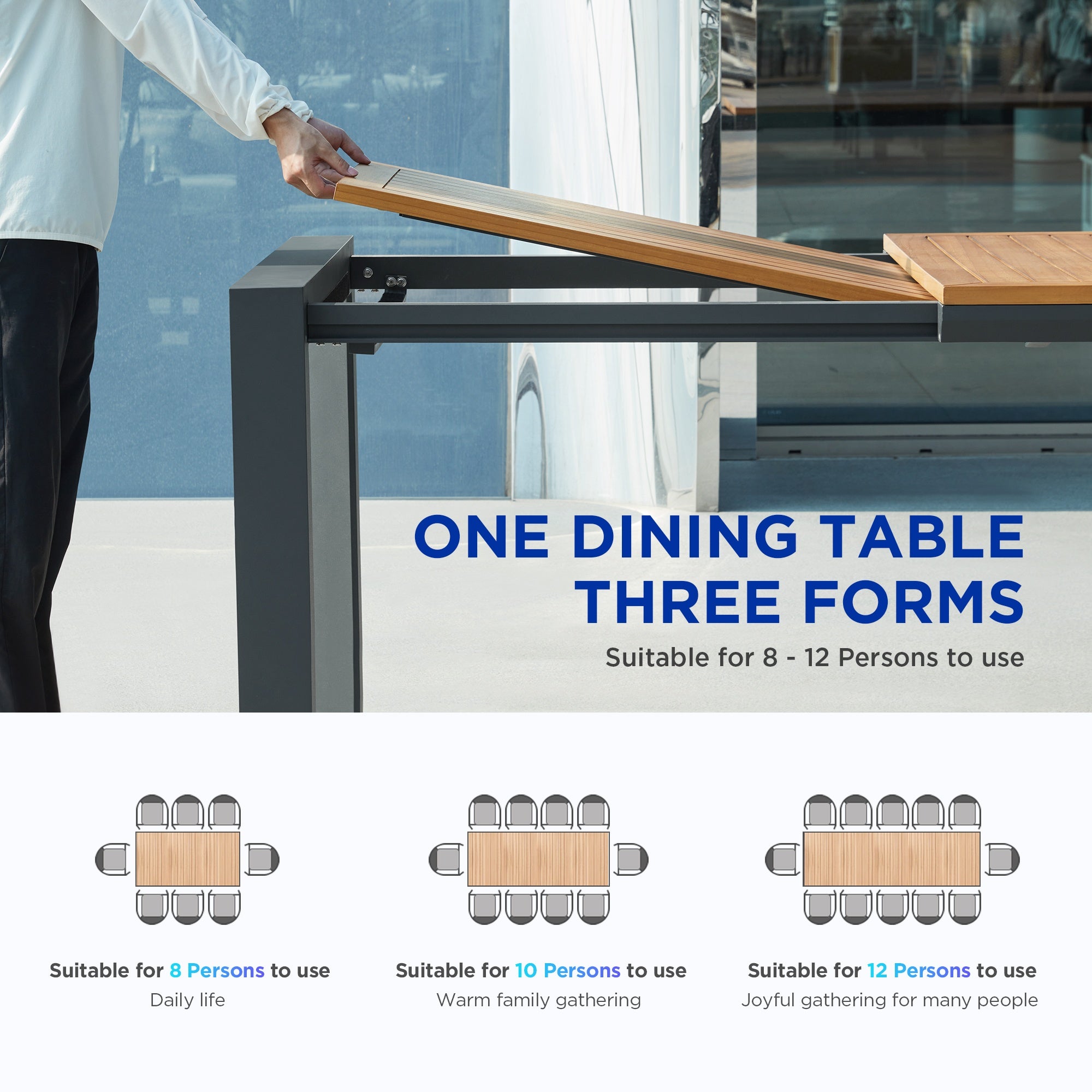 LUMEN 12 Person Teak Outdoor Dining Set With Three Version Extending Mode For 8/10/12 Seating