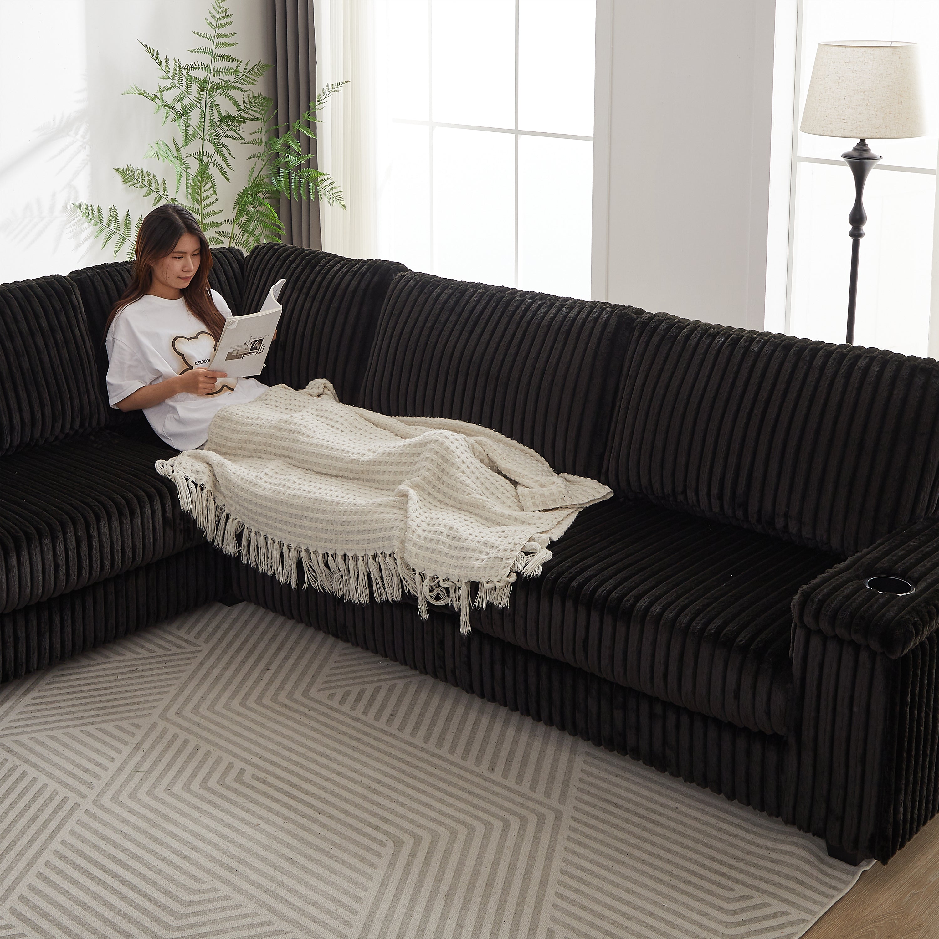 110-Inch Oversized Corduroy Corner Sofa,L Shaped With Storage & USB
