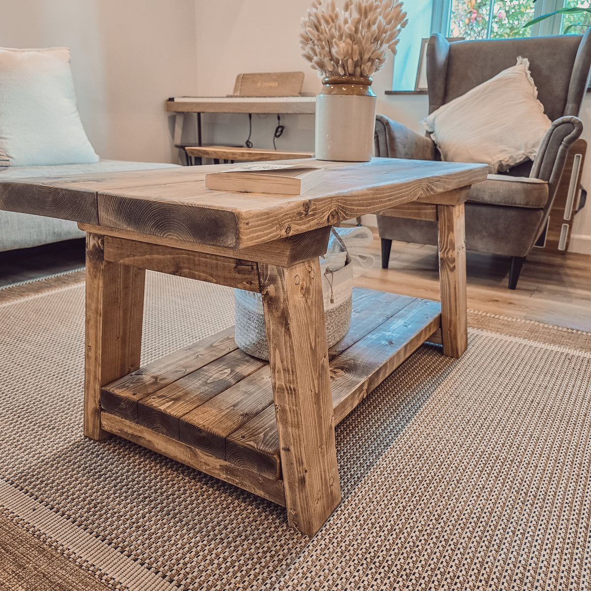 CARA Rustic Wooden Coffee Table With Shelf