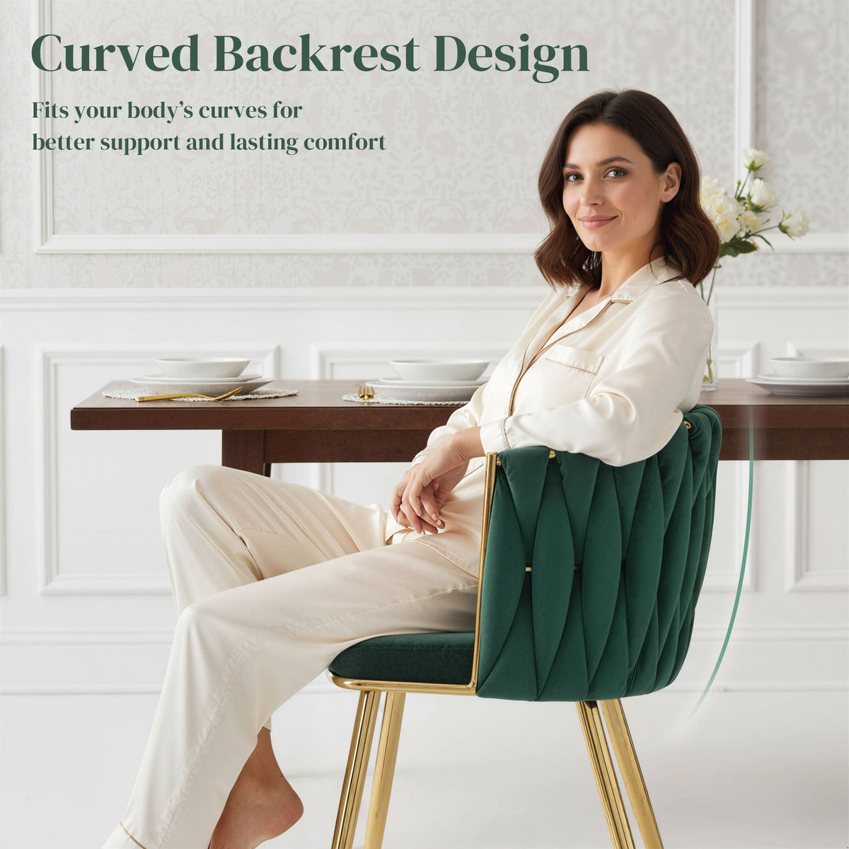 HOMCOM Velvet-Feel Dining Chairs Set of 2, Modern Upholstered Armchair with Knot Design and Golden Metal Legs, Accent Chair for Dining Room, Bedroom, Kitchen, Living Room, Dark Green