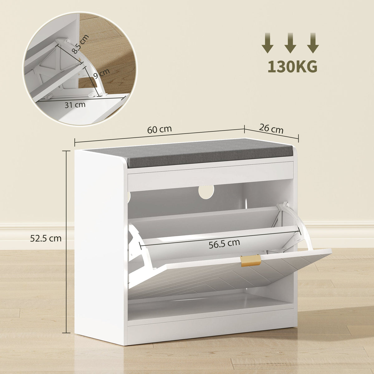 HOMCOM Shoe Storage with Seat, Upholstered Entryway Bench, Shoe Bench with 1 Flip Drawer and 4 Vents for 5 Pairs of Shoes