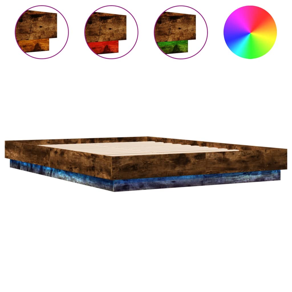 Bed Frame with LED without Mattress Smoked Oak 140x200 cm