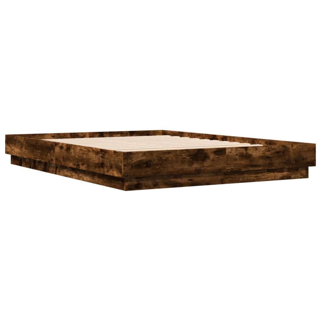 Bed Frame with LED without Mattress Smoked Oak 140x200 cm