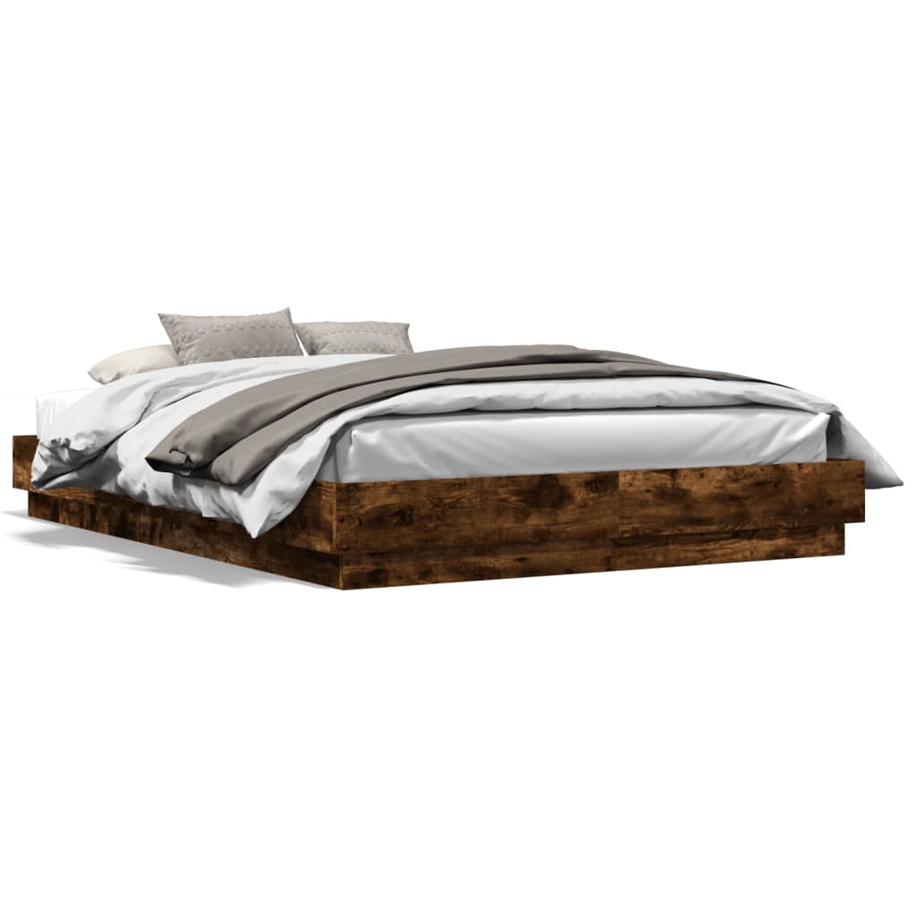 Bed Frame with LED without Mattress Smoked Oak 140x200 cm