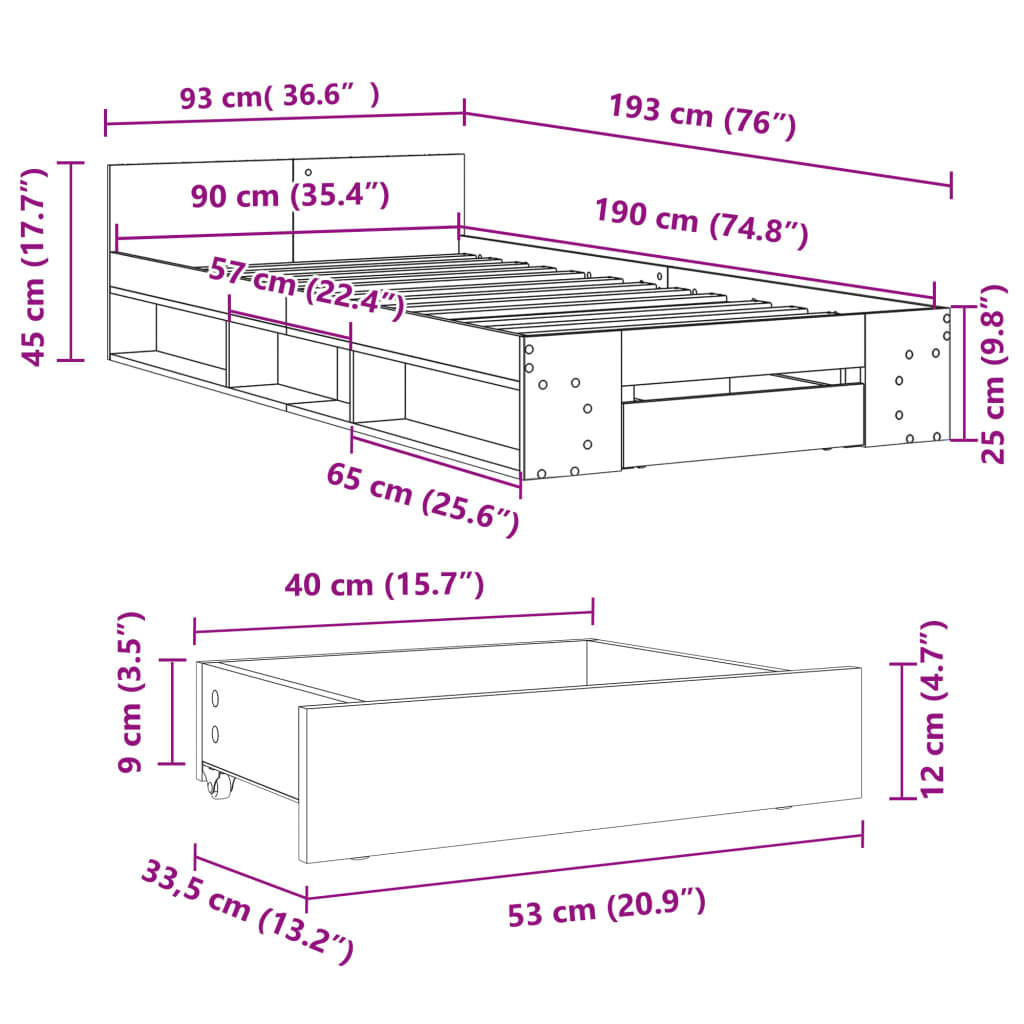 Bed Frame with Drawer without Mattress Concrete Grey 90x190 cm Single