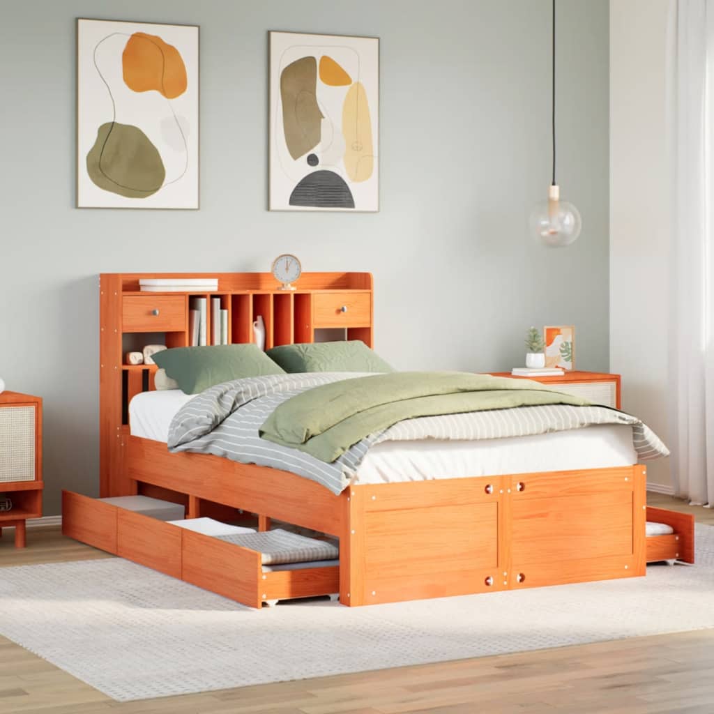 Bookcase Bed without Mattress Wax Brown 135x190 cm Double Solid Wood Pine