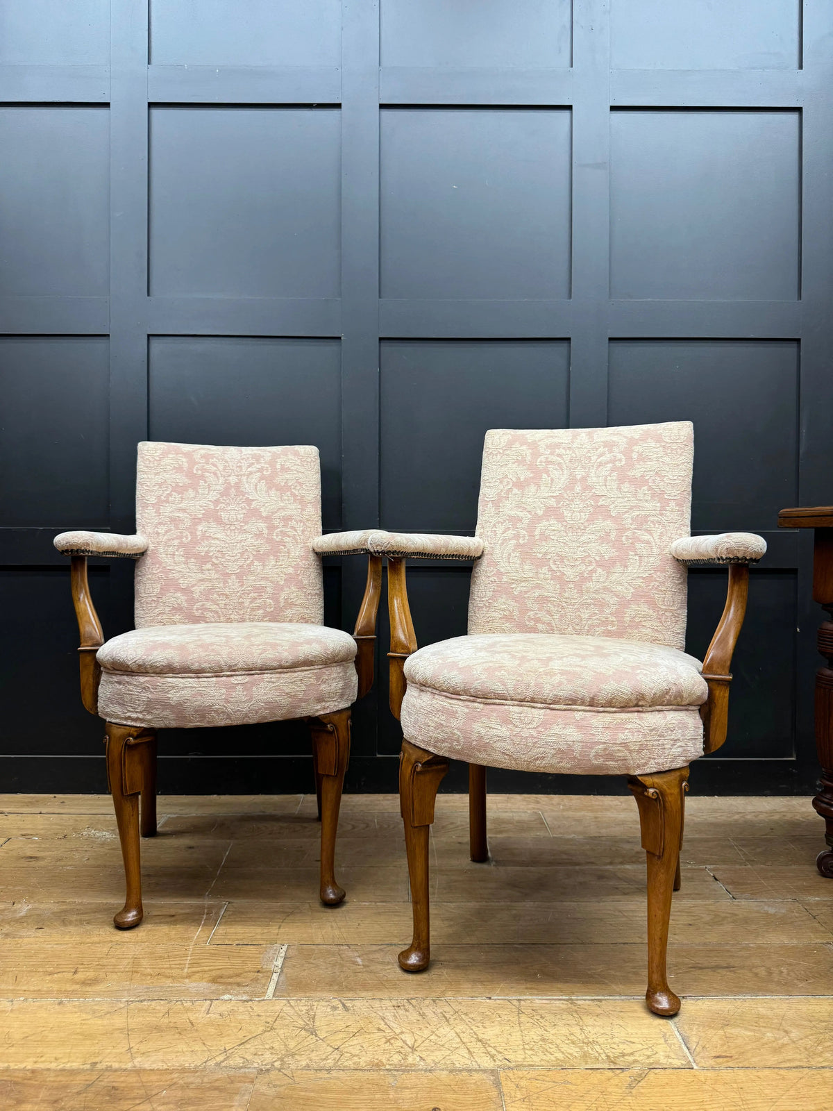 Pair Antique Pink Upholstered Bedroom Armchairs Chairs Mahogany Salon Seats