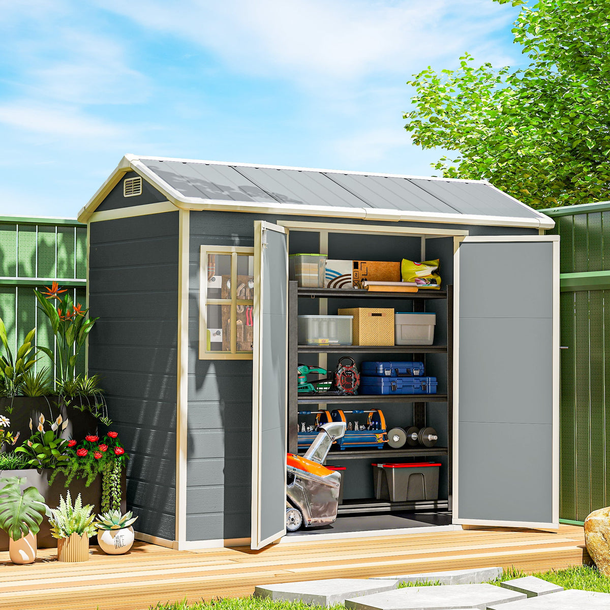 Outsunny 8 x 4 ft Resin Garden Shed, Wood-Effect Outdoor Storage Shed with Floor, Windows, Lockable Doors and Vents, Light Grey