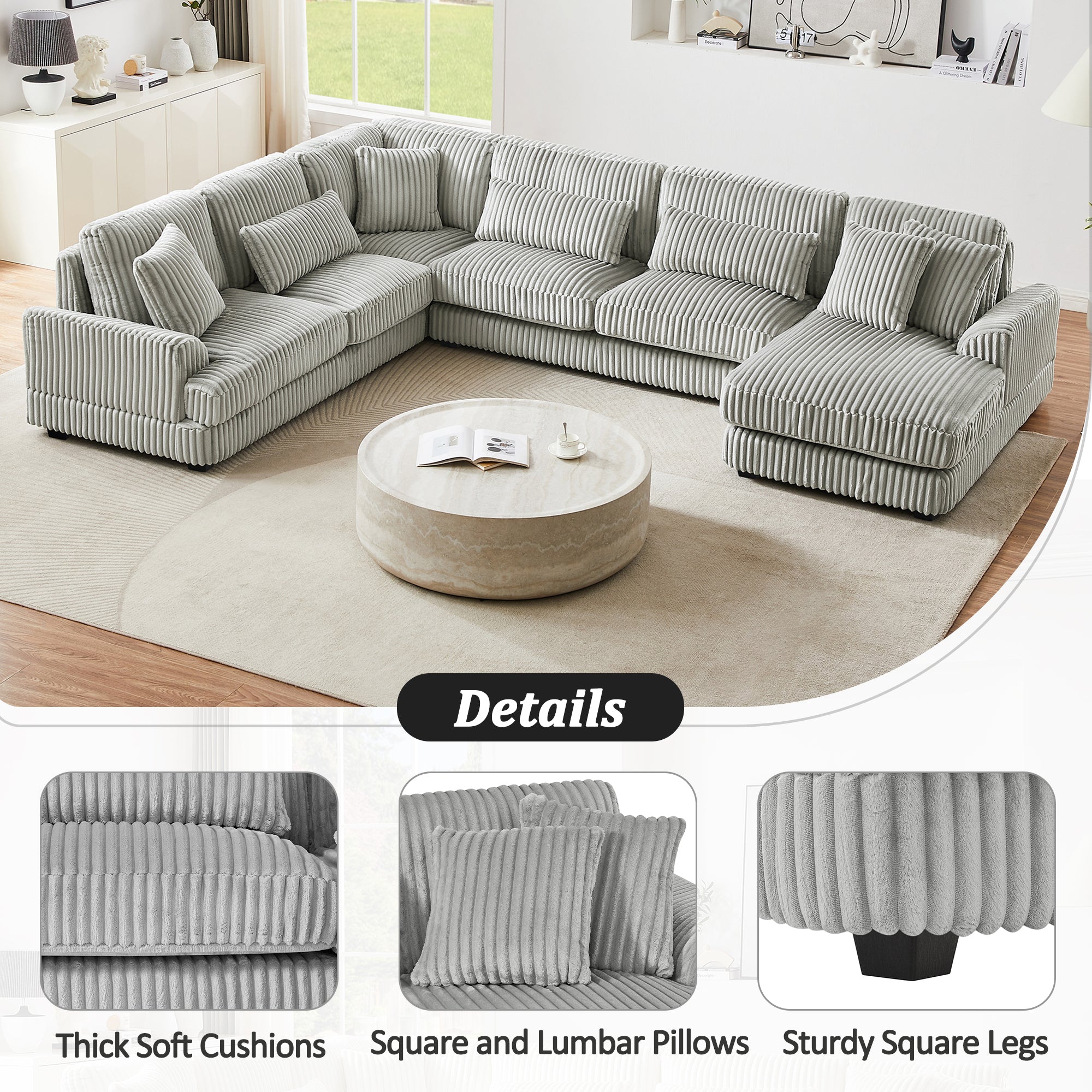 129" Oversized Sectional U-Shaped Sofa Couch Upholstered in Soft Corduroy