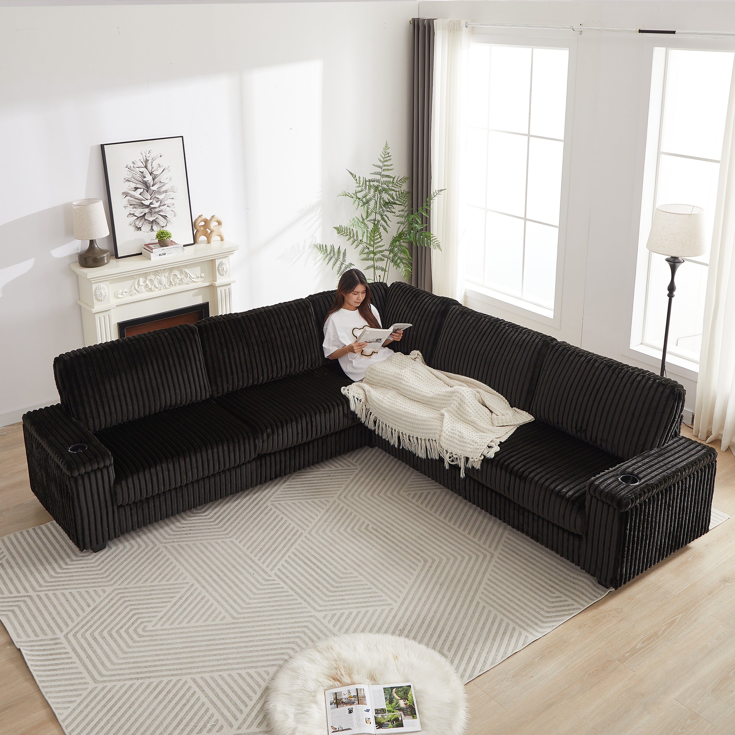 110-Inch Oversized Corduroy Corner Sofa,L Shaped With Storage & USB