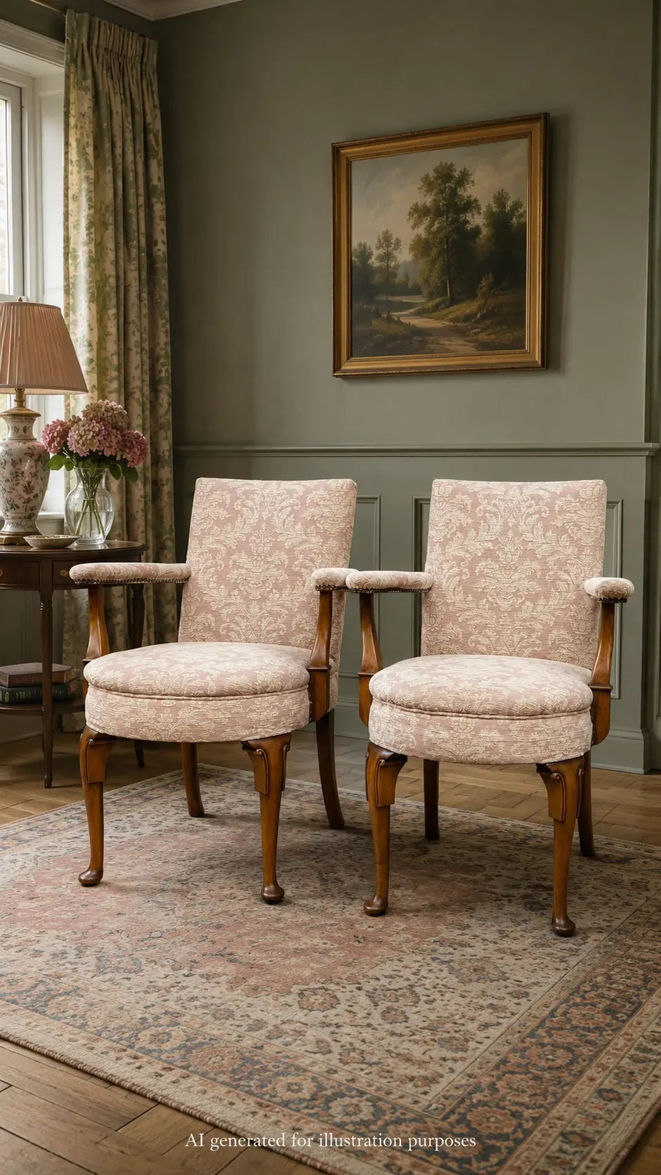 Pair Antique Pink Upholstered Bedroom Armchairs Chairs Mahogany Salon Seats