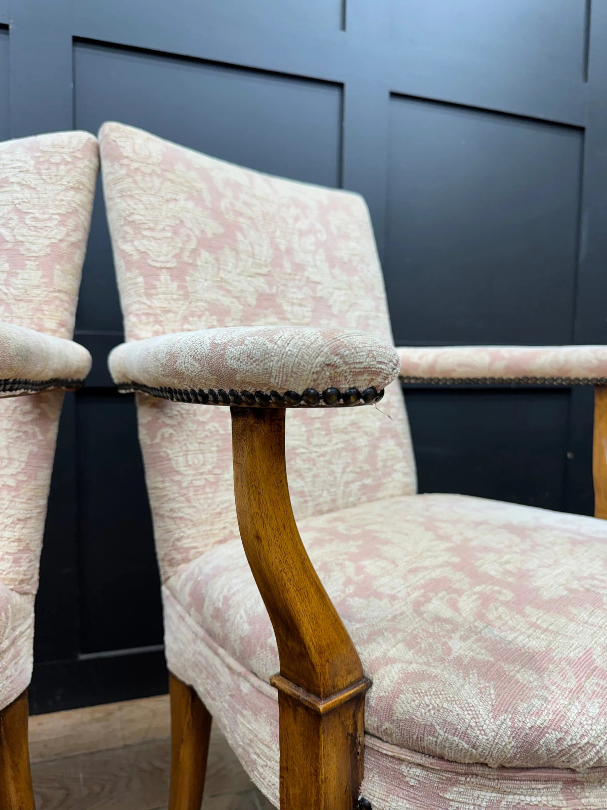 Pair Antique Pink Upholstered Bedroom Armchairs Chairs Mahogany Salon Seats