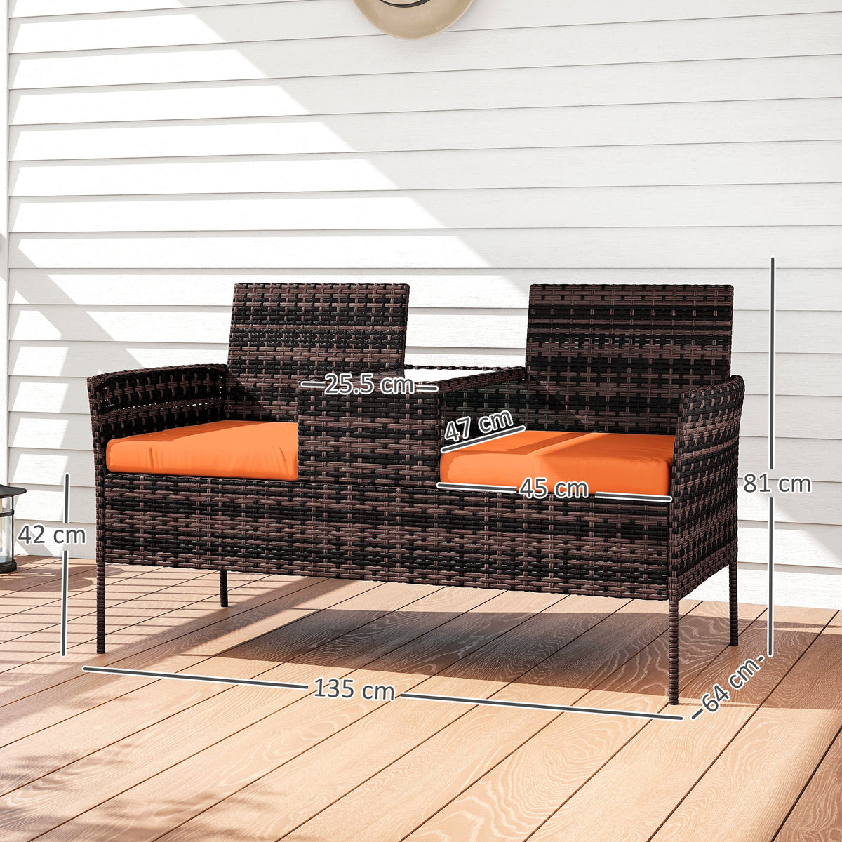 Outsunny Two-Seat Rattan Chair, with Middle Table - Orange