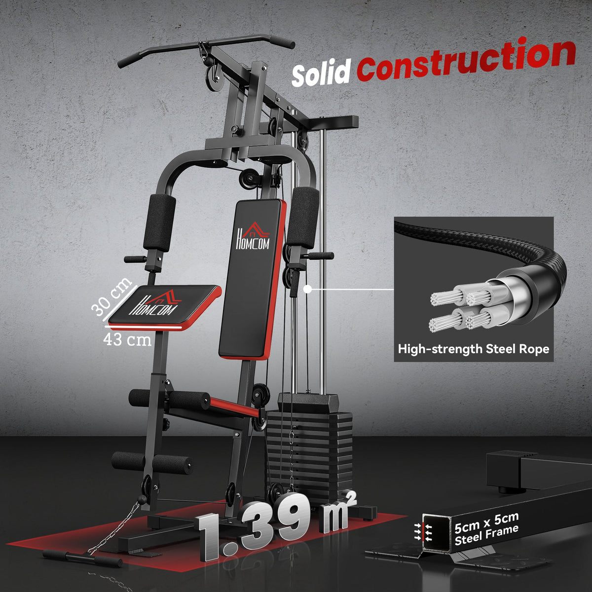 HOMCOM Multigym Station, with 66KG Weight Stack, for Strength Training, Black